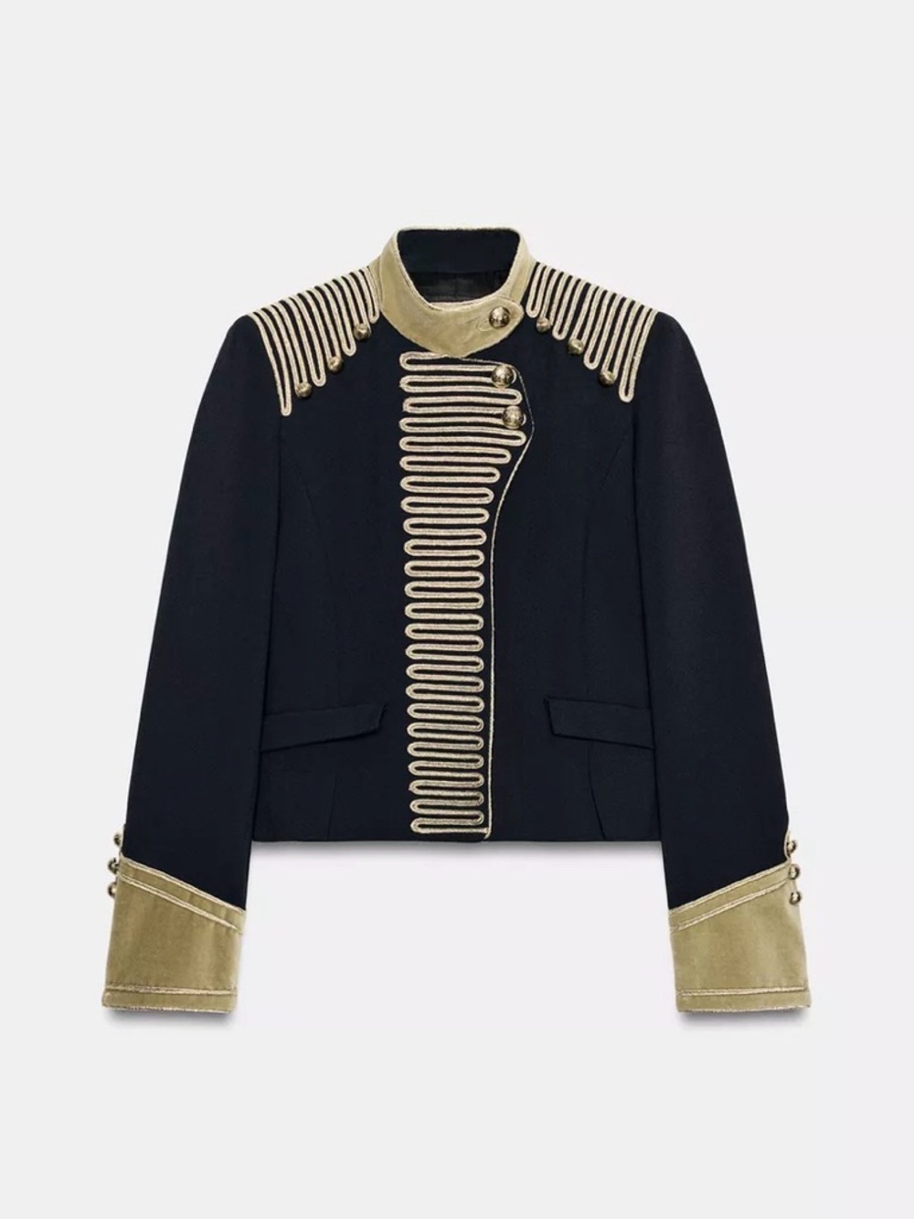 Zara limited edition Black Military-Style Blazer with Gold Trim.